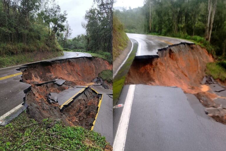 Trecho de rodovia parcialmente destruído após erosão provocada por fortes chuvas no Paraná.