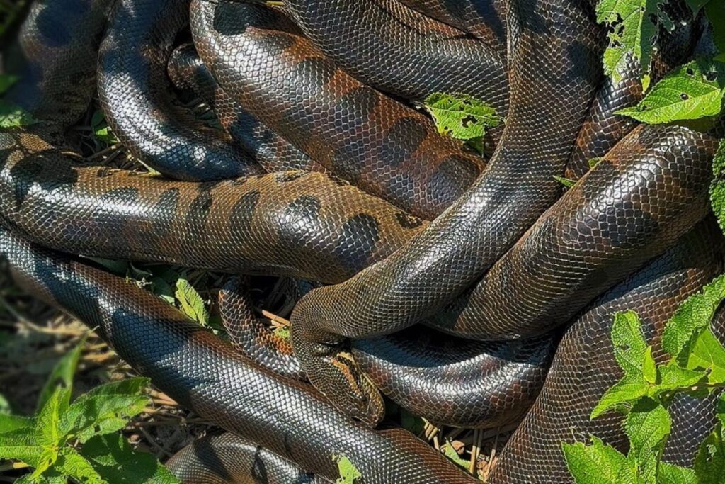 Imagem de capa sobre o grupo de sucuris flagrado em rio de Mato Grosso do Sul.