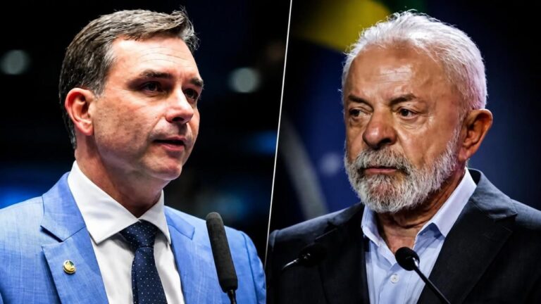 Flávio Bolsonaro e Lula em montagem sobre ação no STF