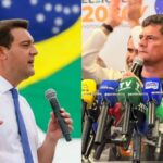 Um político discursa diante da bandeira do Brasil; à direita, outro cercado de microfones de imprensa na eleição de 2026.